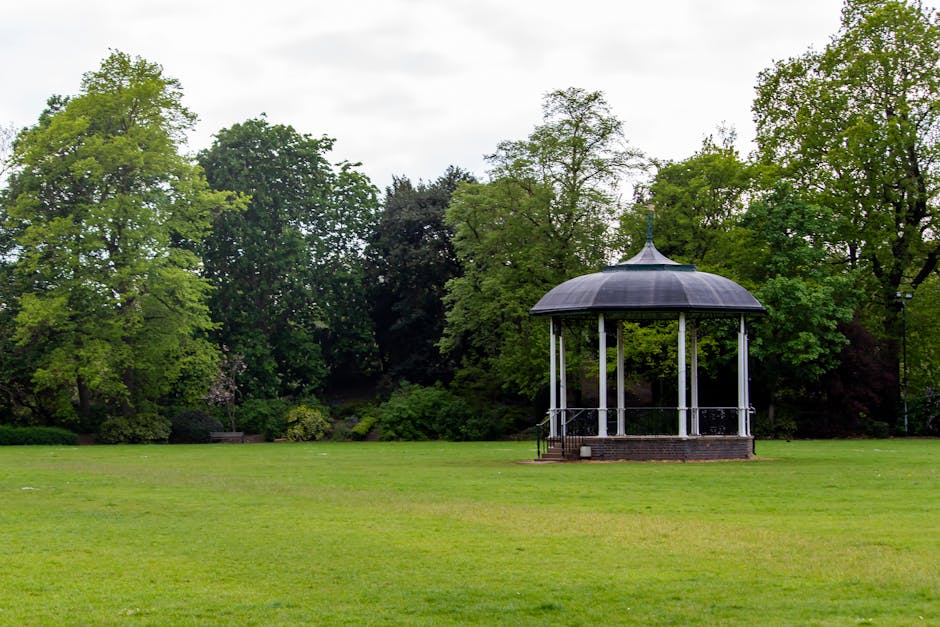 A person wearing dark clothing and a cap is performing garden maintenance, using a grass trimmer on a well-maintained lawn near Coney Hall Recreation Ground. The lawn is sectioned by white boundary ma